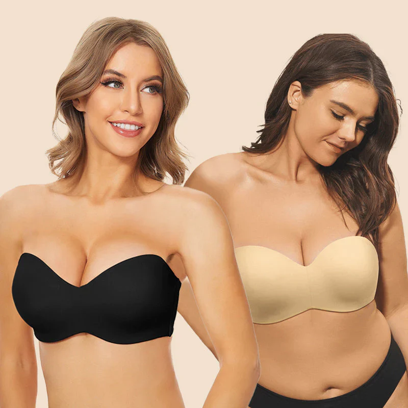 Full Support Non-Slip Convertible Bandeau Bra-Black+Beige