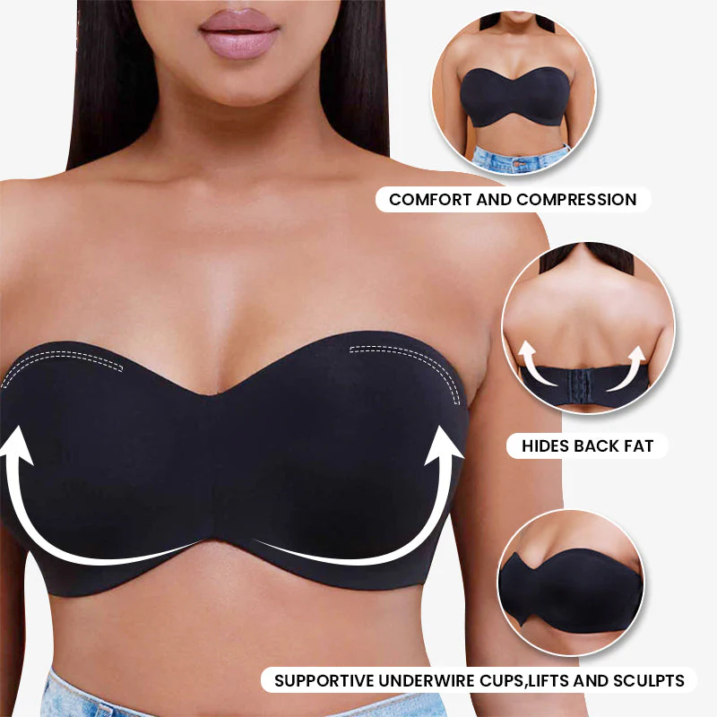 Full Support Non-Slip Convertible Bandeau Bra-Black+Beige