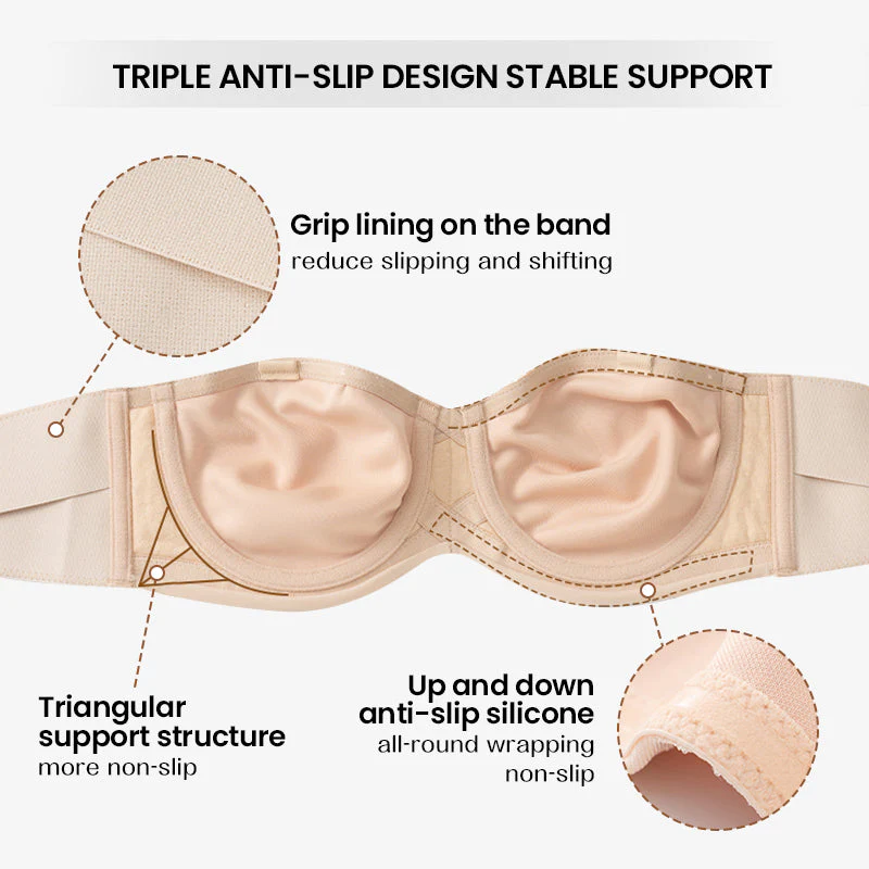 Full Support Non-Slip Convertible Bandeau Bra-Black+Beige