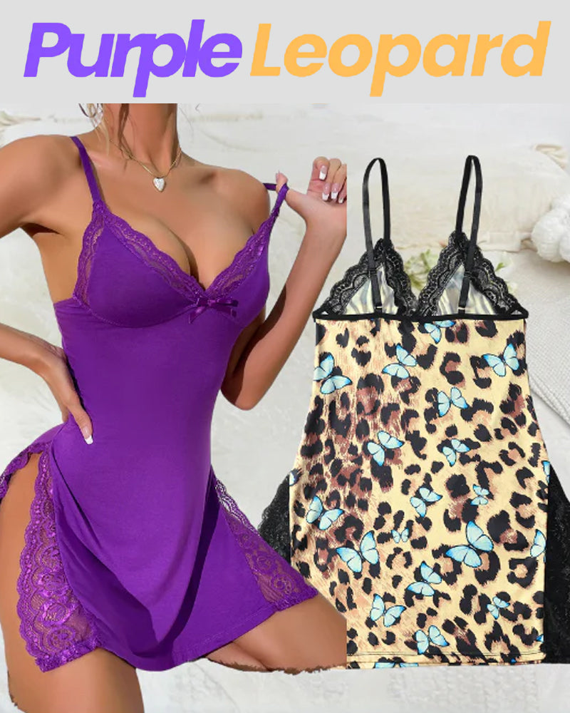 Lace Trim Slit Bowknot Decor Sleep Dress