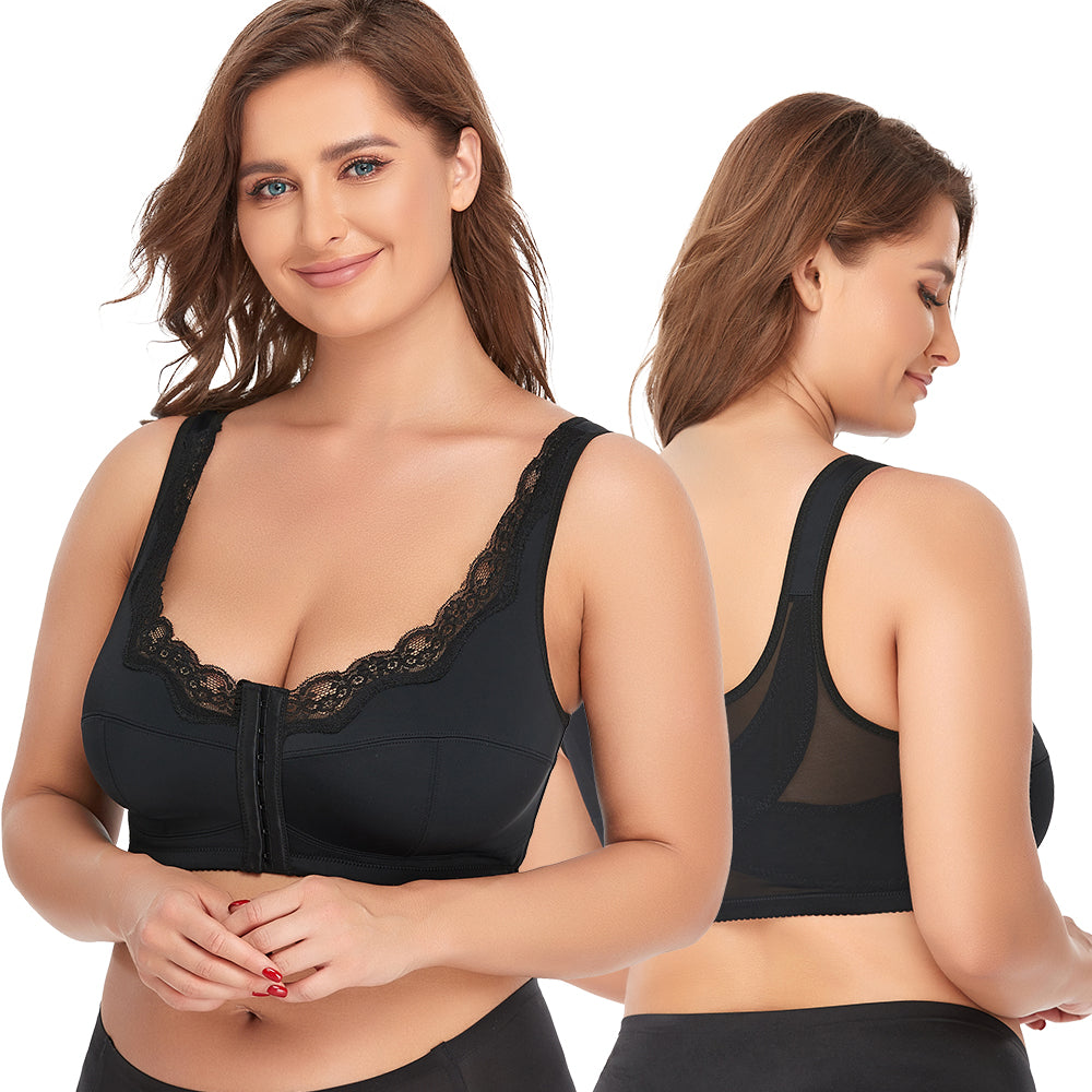 SENIORSBRA®FRONT CLOSURE WIRELESS POSTURE & BACK SUPPORT MESH LACE PUSH-UP BRA（BUY 1 GET 1 FREE)-BLACK