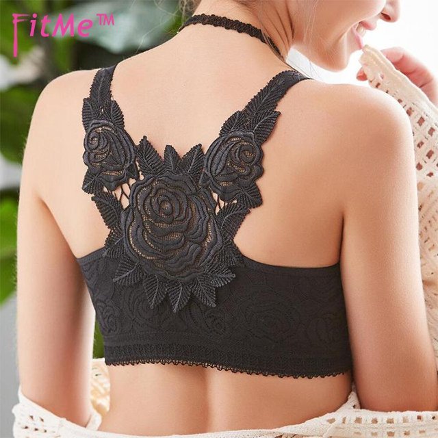 Rose Embroidery Front Closure Wirefree Bra-BLACK