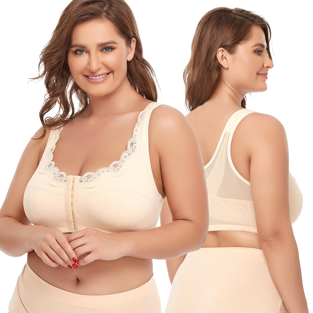 SENIORSBRA®FRONT CLOSURE WIRELESS POSTURE & BACK SUPPORT MESH LACE PUSH-UP BRA（BUY 1 GET 1 FREE)-BEIGE
