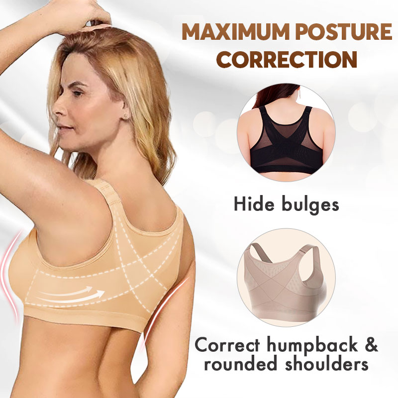 SENIORSBRA®Women&#39;s 18-Hour Front Closure Wireless Back Support Posture Full Coverage Bra-BEIGE