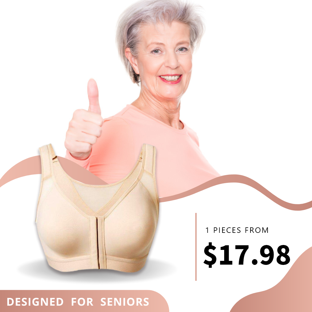 SENIORSBRA®Women&#39;s 18-Hour Front Closure Wireless Back Support Posture Full Coverage Bra-BEIGE