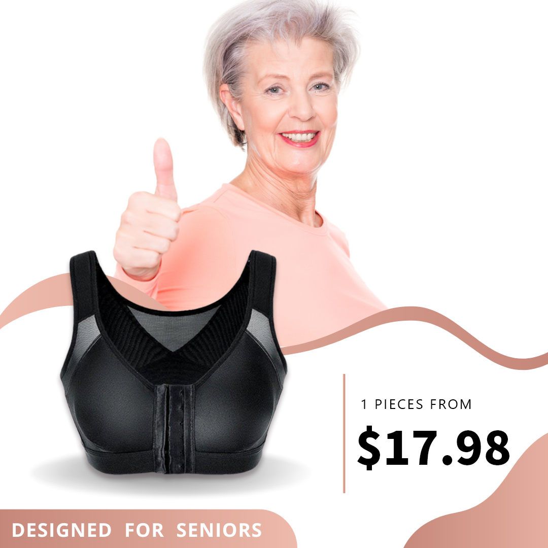 SENIORSBRA®Women&#39;s 18-Hour Front Closure Wireless Back Support Posture Full Coverage Bra-BLACK