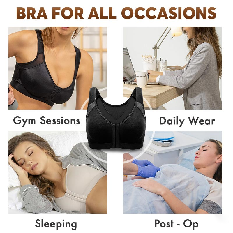 SENIORSBRA®Women&#39;s 18-Hour Front Closure Wireless Back Support Posture Full Coverage Bra-BLACK
