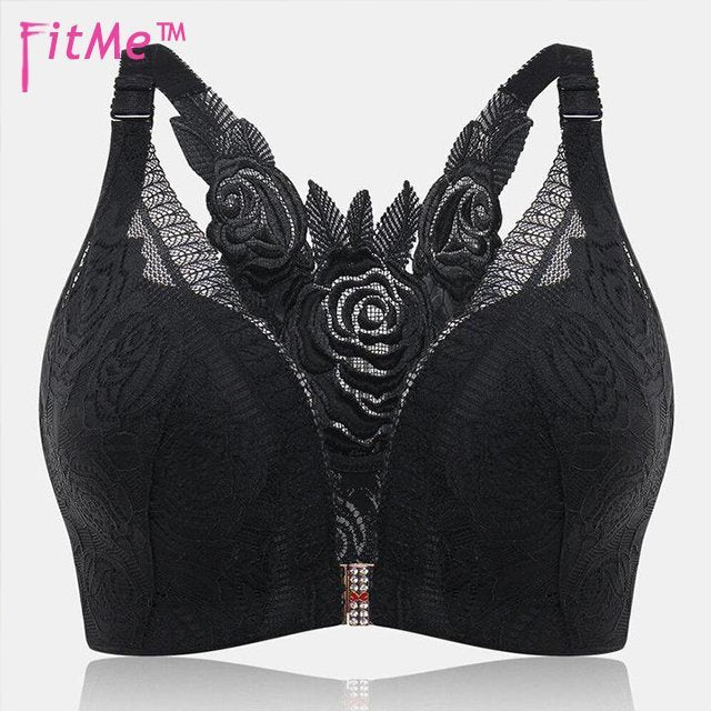 Rose Embroidery Front Closure Wirefree Bra-BLACK